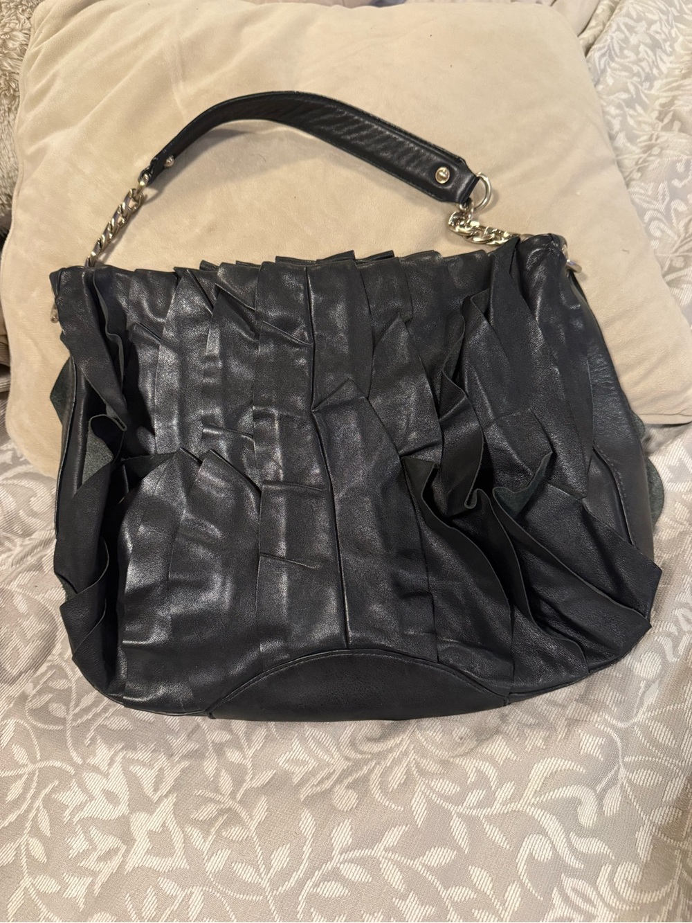 Ann Taylor Black Ruffled Shoulder Bag with Chain Accent